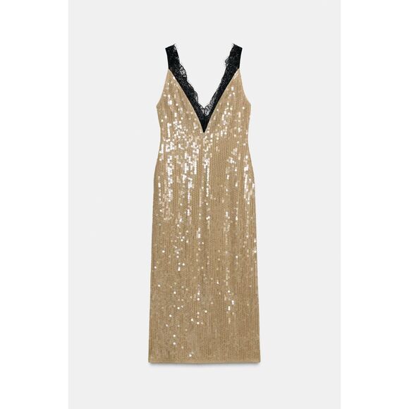 ZARA ZW COLLECTION Gold Sequin Lace Maxi Dress | Rare | Evening - Picture 5 of 7